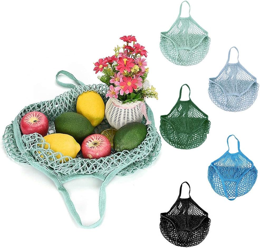 Favengo 5 Colors Mesh Shopping Bag Reusable Produce Bags Woven Cotton Net Bag Portable Beach Net Storage Mesh Tote Organizer with Handle for Grocery Shopper Produce Fruit Vegetable