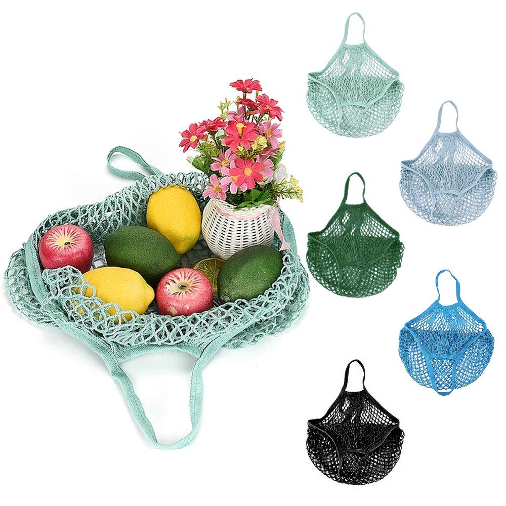 Favengo 5 Colors Mesh Shopping Bag Reusable Produce Bags Woven Cotton Net Bag Portable Beach Net Storage Mesh Tote Organizer with Handle for Grocery Shopper Produce Fruit Vegetable