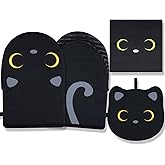 NIGOWAYS Oven Mitts – Heat-Resistant Kitchen Gloves with Non-Slip Silicone,Cat Design Glove,pot holders and towal,Quilted Cotton Lining and Loop,Oven Mitt Sets for Cooking,Baking,Gifts Giving (Black)