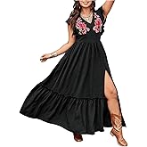 BEAUDRM Women's Plus Size Floral Boho Maxi Dress Ruffle Flowy Dress Embroidered Cap Sleeve Summer Vacation Sundress