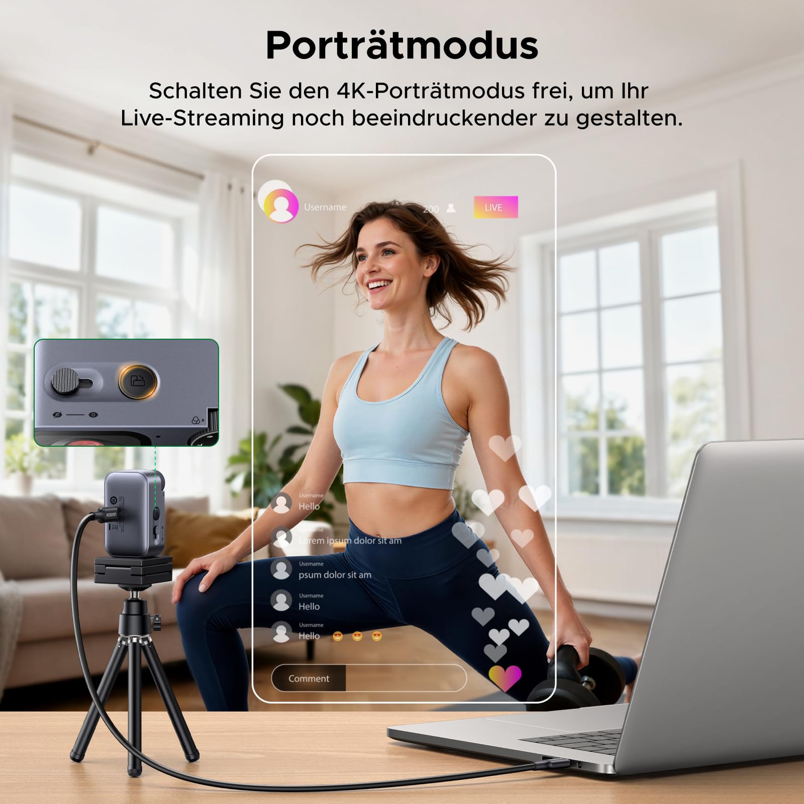 UGREEN FineCam Pro 4K Webcam mit 1/2" Sensor, AI Framing, KI-Gestensteuerung, 7 Filteroptionen, KI-Rauschunterdrückung, PDAF Autofokus, PC Kamera für Live-Streaming, Videokonferenzen, Zoom, Switch 2 5