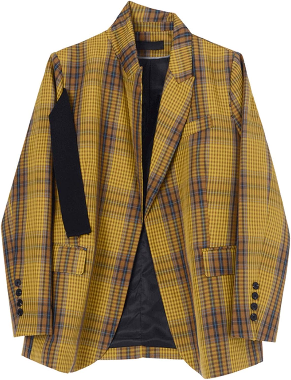 Fashion Women Yellow Plaid Split Tide Blazer Spring Autumn Lapel Loose