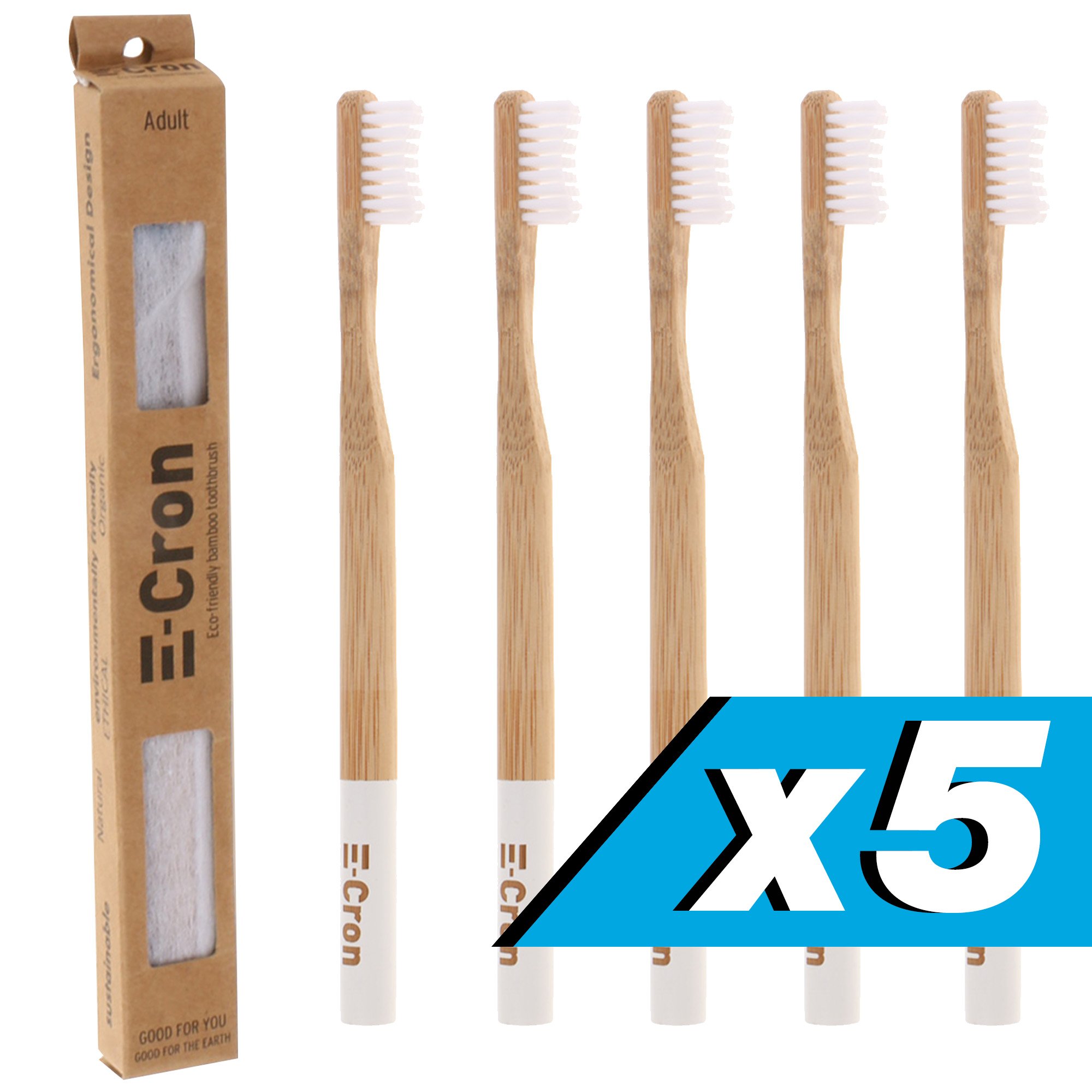 5 x E-Cron Bamboo Toothbrush (White) with Eco-friendly, 100% organic and biodegradable toothbrush handle. Your Natural Dental Care with The clean and warm touch of The bamboo.