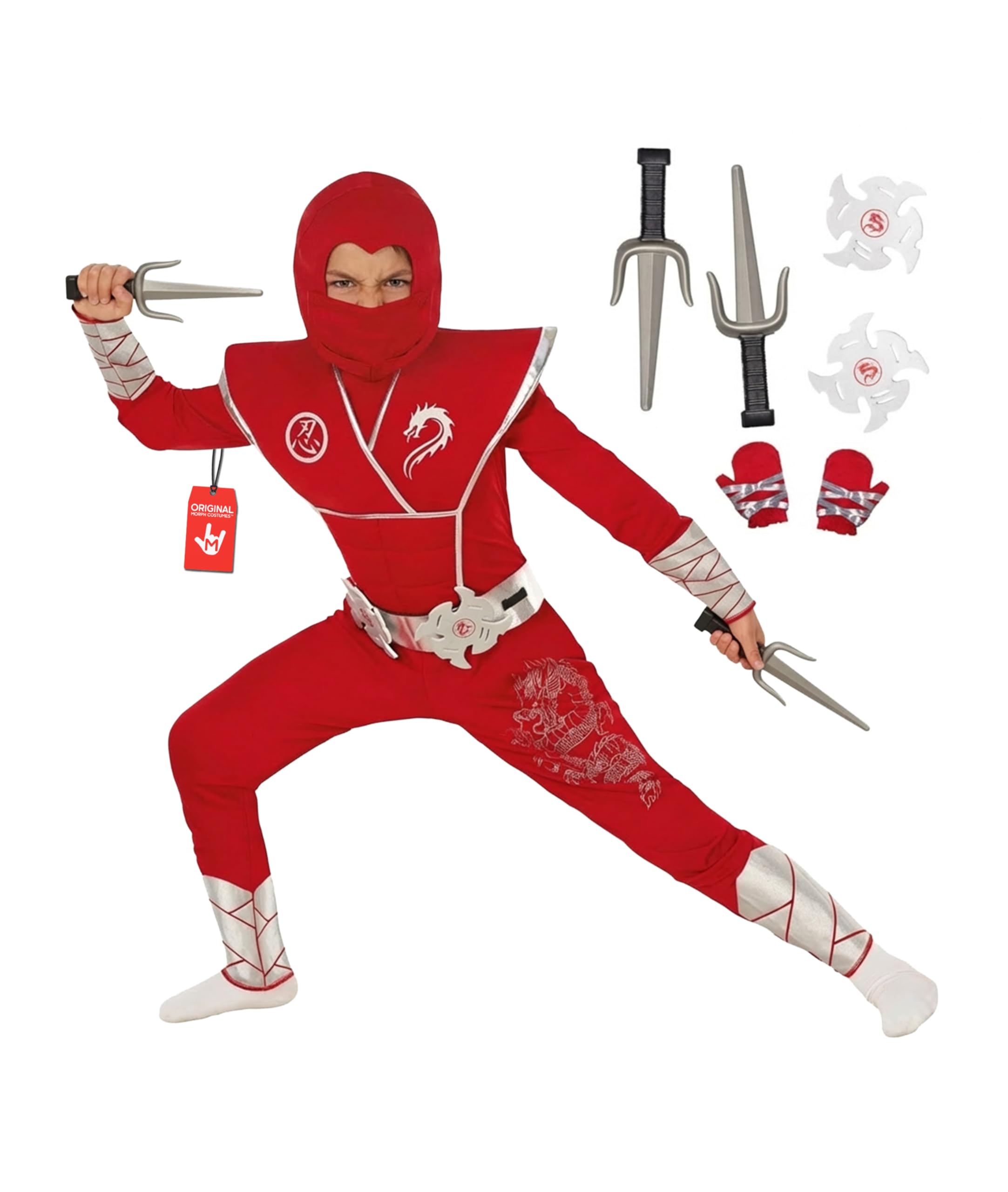 Morph Deluxe Red Boys Ninja Costume With Ninjas Warrior Toy Accessory, Kids Ninja Costumes, Boy Halloween Costume, 4-6 Years