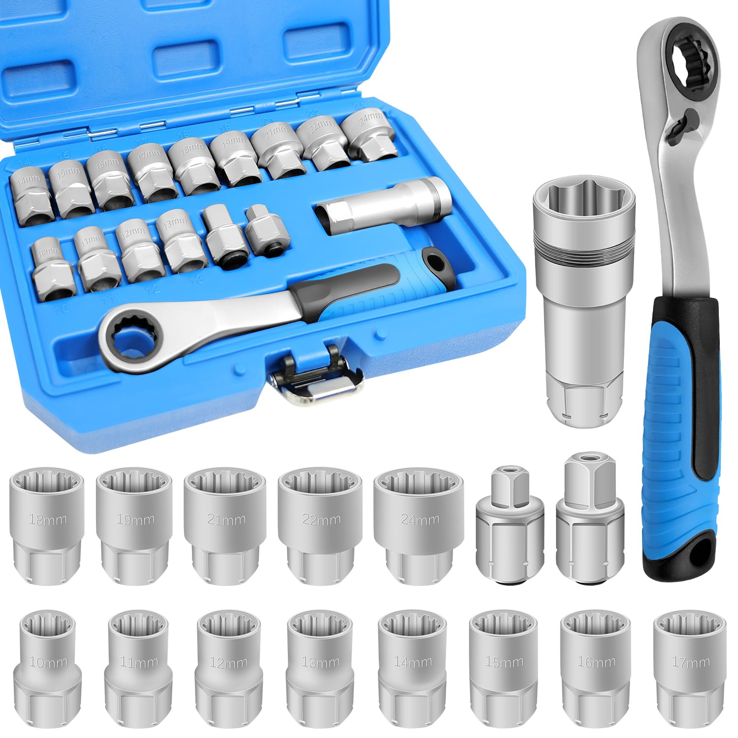 17PCS Pass Through Socket Set Chrome Vanadium Steel Space-Saving