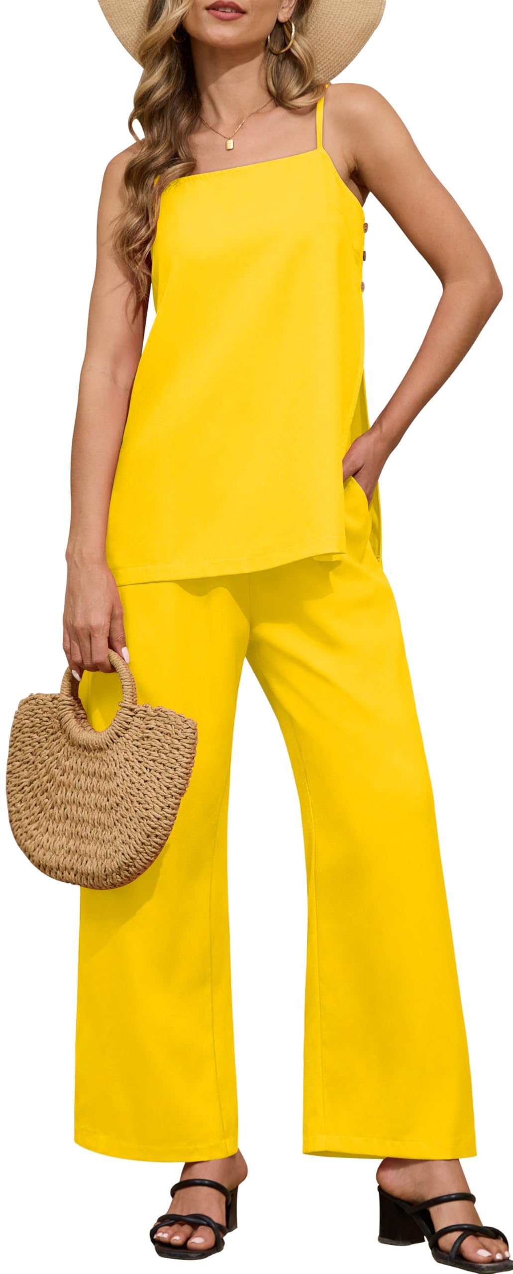 Photo 1 of RUBZOOF Women's 2 Piece Lounge Sets 2025 Casual Summer Beach Jumpsuit Cami Top Wide Leg Pant Set Vacation Outfits (Yellow,XL)