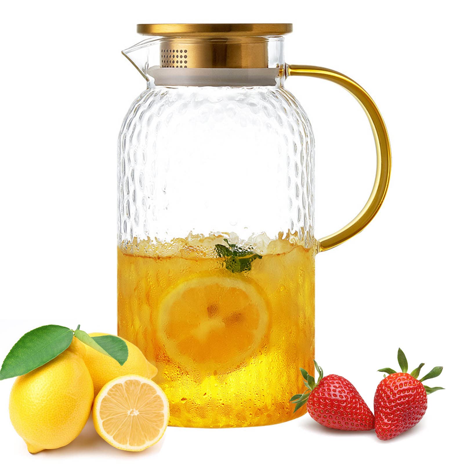 YankMooM 1.6 L Glass Water Jug, Milk Jug Juice Jug with 304 Stainless Steel Lid Clear Glass Water Pitcher Heat Resistant Pitcher for Iced Tea Hot Cold Water