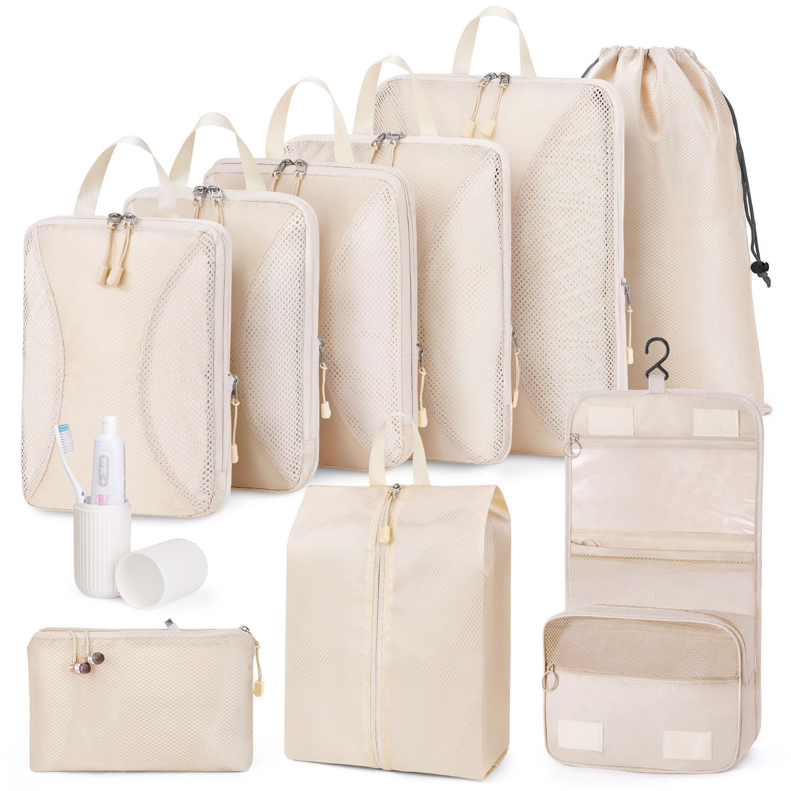 Photo 1 of Compression Packing Cubes 10 Sets, Packing Organizers, Extensible Suitcase Organiser Bags, Travel Organizer Cubes for Travel Essentials Beige