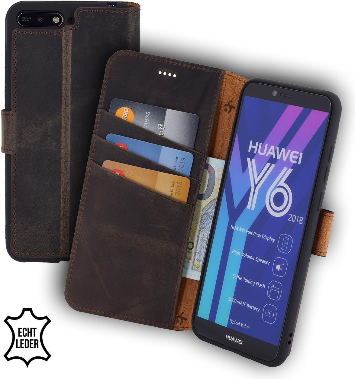 Suncase Book Style Compatible with Huawei Y6 (2018) Case (Slim Fit) Leather Mobile Phone Case Protective Case with Stand Function and Card Slot