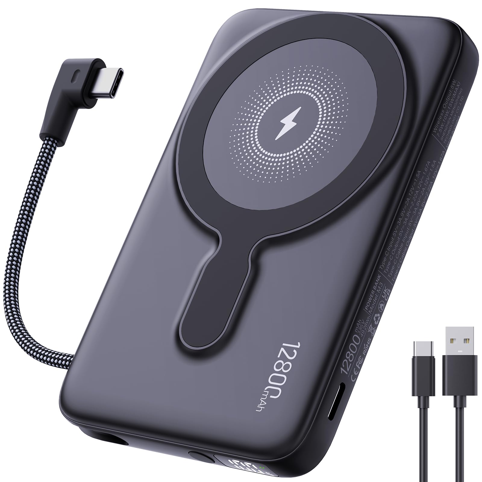 Photo 1 of 2025 Latest Magnetic Wireless Power Bank, 12800mAh Portable Charger with Built in Cable and Strap, LED Display Magnetic Battery Pack Travel Essential for iPhone 16/15/14/13/12/Pro/Mini/Pro Max Andriod