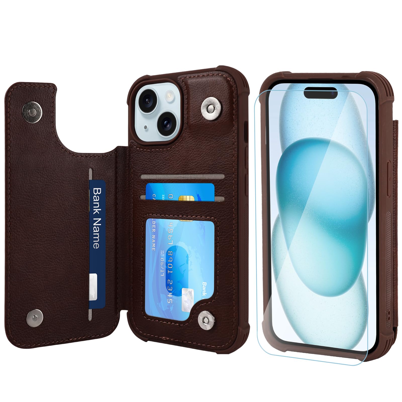 VANAVAGY Wallet Case Compatible for iPhone 15,Leather Flip Folio Shockproof Phone Cover Fit Magnetic Car Mount [Screen Protector Included] with Credit Card Holder for Apple 15, Brown