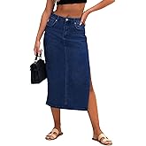 Genleck 2025 Denim Maxi Skirt with Slit High Waist Casual Blue Jean Skirts for Women with Pockets (Deep Blue, 14)