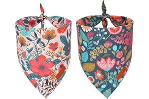 PTDECOR Flower Dog Bandana,2 Pcs Floral Reversible Dog Scarf, Multi Size, Triangle Pet Bandanas for Medium Large Dogs (Flower, Large)