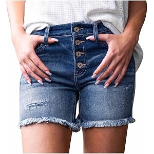 HSEHANO Denim High Waisted Shorts for Women Button Ripped Frayed Hem Jean Shorts Casual Streetwear Shorts with Pockets