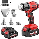 FULLYEA Cordless Heat Gun with 2 x 4.0Ah Batteries, 5 Nozzles Hot Air Gun Kit Portable, Max 1022°F (550°C) Fast Heating, 2-Temperature Setting, Heat Gun for Shrink Tubing, PVC Wrap, Crafts