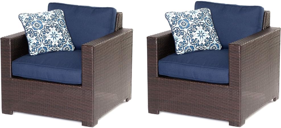 Amazon Com Hanover Metmn2pc B Nvy Metro Mini 2 Pc Set 2 Deep Seating Arm Chairs With Blue Cushions Frames Outdoor Furniture Brown Navy Garden Outdoor