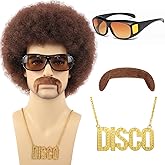 Bettecos 70s Afro Wig for Men with Mustache Glasses and Disco Chain Short Brown Curly Afro Wigs 70’s 80s Rock Synthetic Hair Wig for Hippie Rocker Costume Cosplay Halloween Party