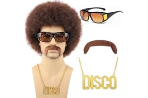 Bettecos 70s Afro Wig for Men with Mustache Glasses and Disco Chain Short Brown Curly Afro Wig 70’s 80s Rock Synthetic Hair Wig for Hippie Rocker Costume Cosplay Halloween Party