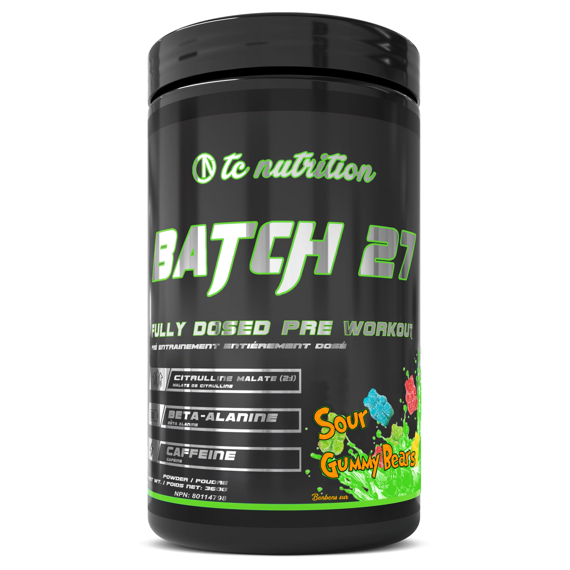 Batch 27 Pre Workout Powder - 8g Citrulline, 3.5g Beta Alanine, 2.5g Betaine, 325mg Caffeine | Instant Energy, Focus, Pumps & Strength | Nitric Oxide Booster & Powerful Preworkout 20sv Sour Gummy Bear