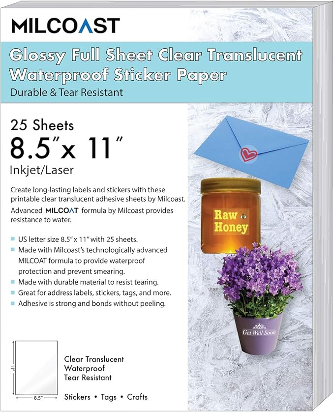Milcoast Glossy Full Sheet 8 5 X 11 Clear Translucent Waterproof Adhesive Sticker Paper Labels 25 Sheets