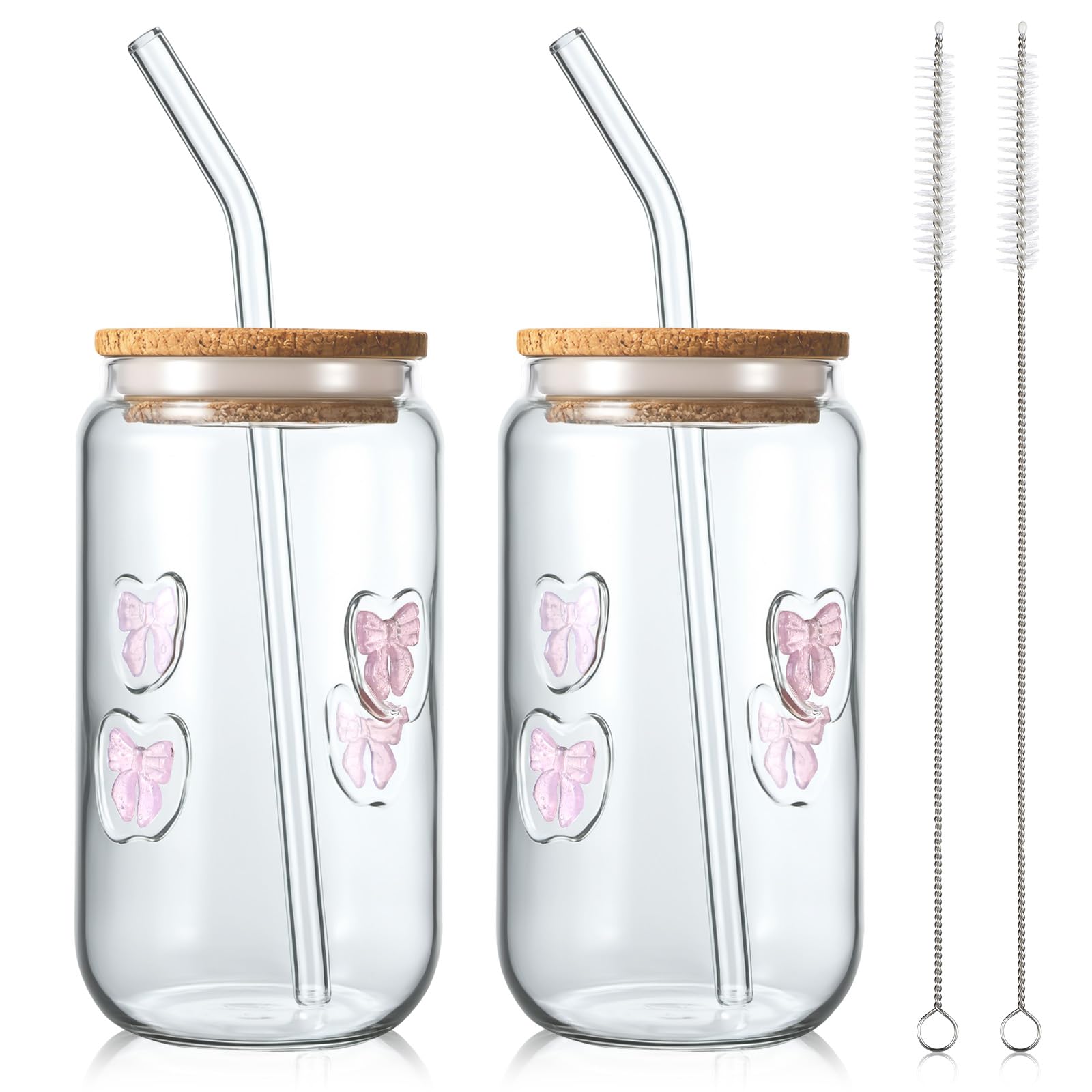 SiliFine 2 Pcs Coquette Pink Bow Glass Cups with Lids and Straws ...