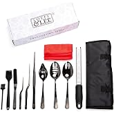 7 Pc Black Plating Tools Culinary Set (Professional Chef Utensils)| Chef Kit with 3 Plating Spoons, 3 Chef Plating Tweezers, Offset Spatula. Bundled with Zester Tool Set and Silicon Basting Brush