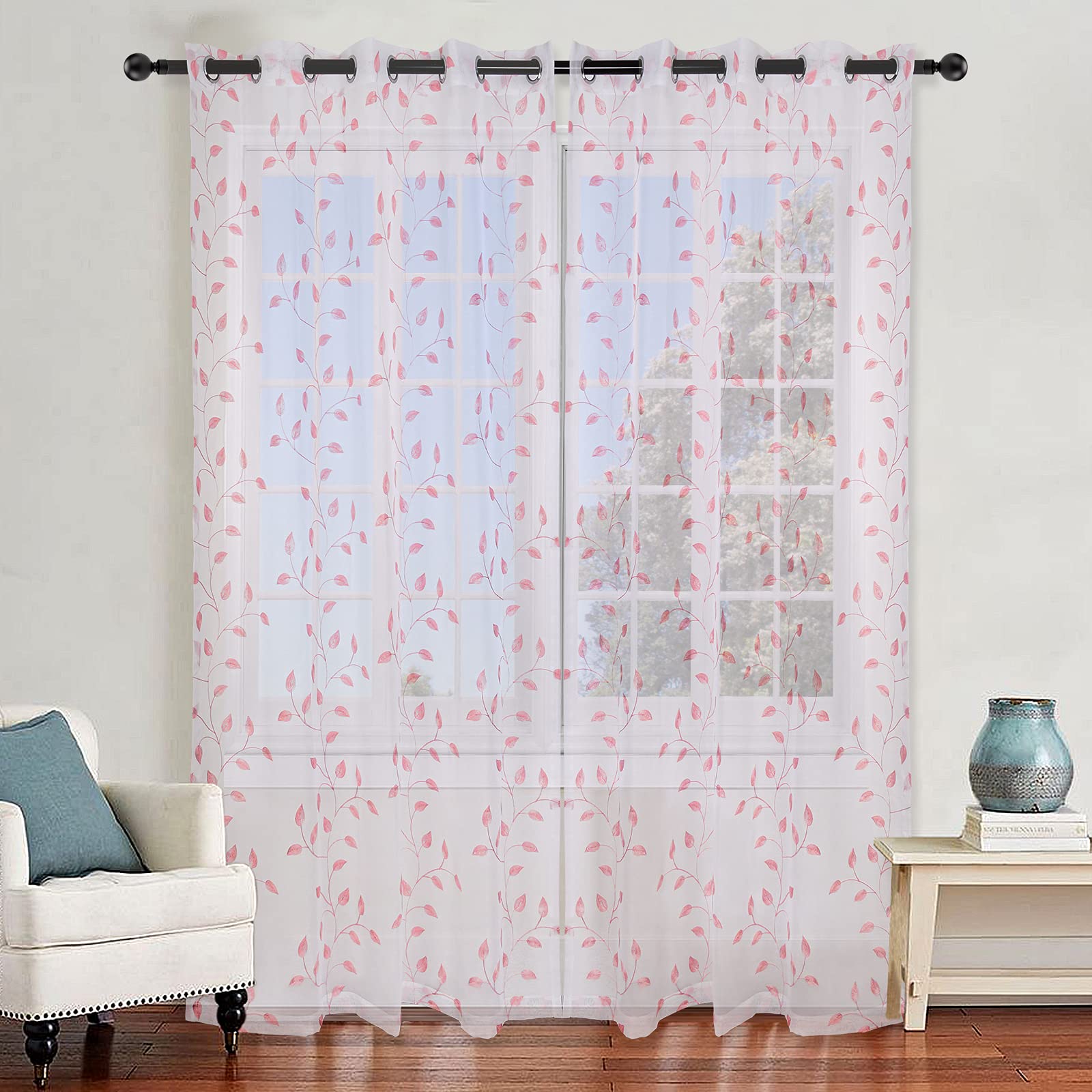 softan Embroidered Pink Leaf Sheer Curtains Grommet Top Window Curtains Semi Voile Drapes Panel with Eyelets W 55 x H 96 Inch 2 Panels