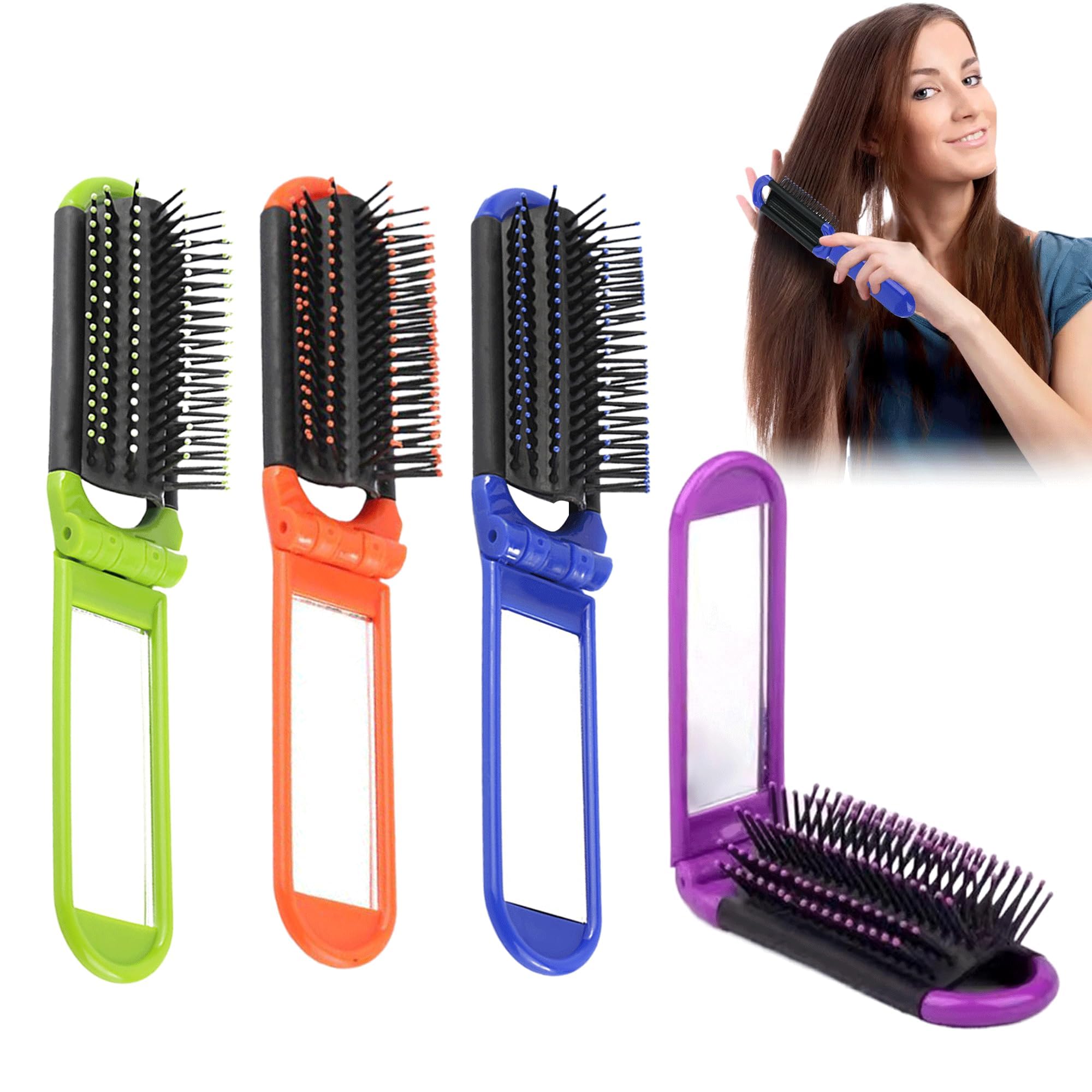 4PCS Hair Brush Folding Hair Colour Brush with Mirror Travel, 4 Colors, Collapsible Pocket Size, Massage Comb for Gym Trip Purse