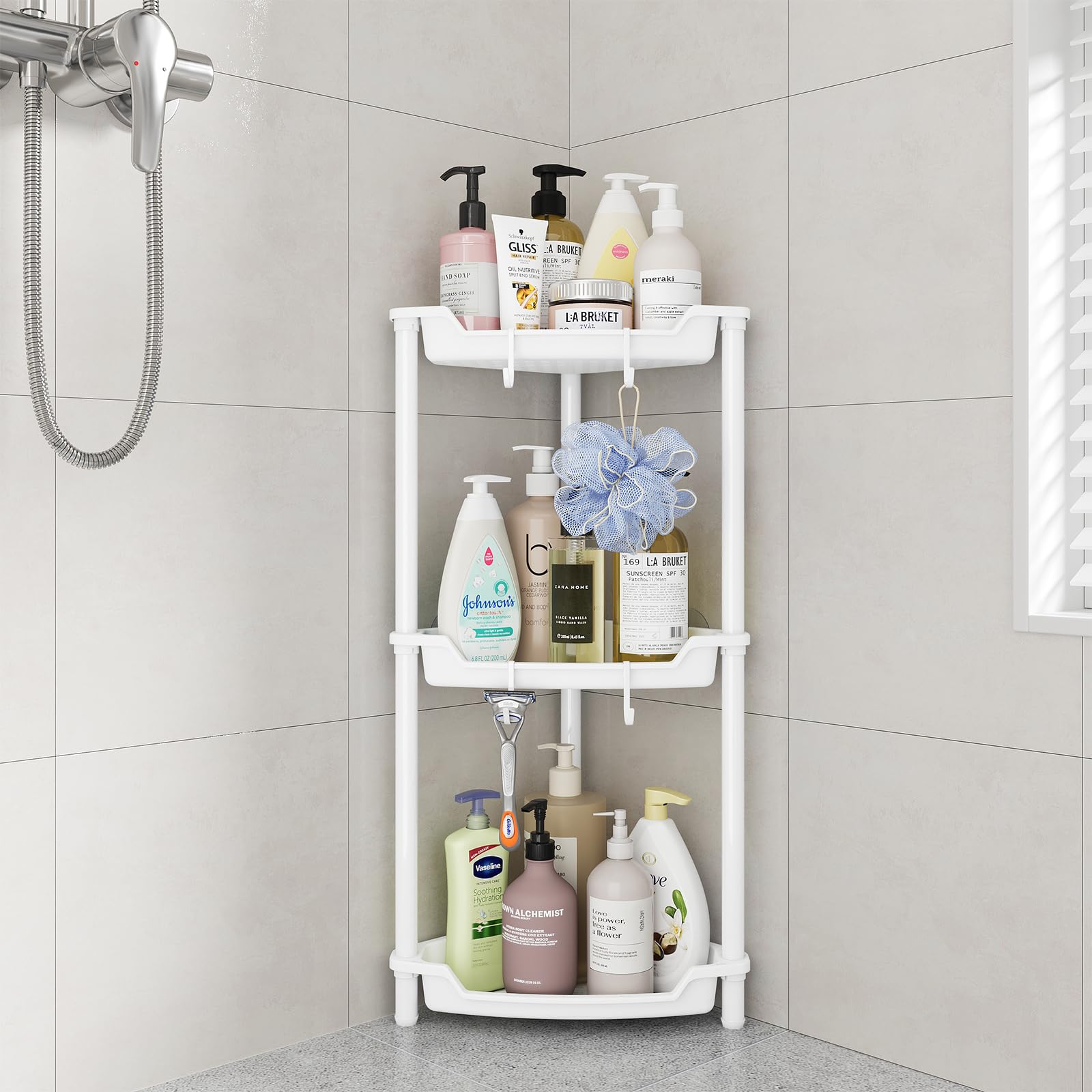 Photo 1 of ELYKEN Corner Shower Caddy Standing, 3 Tier Floor Standing Shower Organizer with 4 Hooks, Rustproof Shower Corner Shelf Rack Storage Stands with Adjustable Feet for Bathroom, White