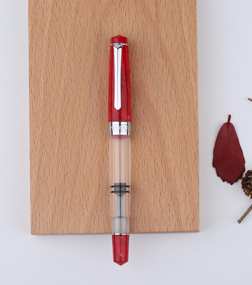 LanxiviPenbbs 309 Fountain Pen Red Color, Transparent Acrylic, Piston Filling, Fine Nib 0.5mm Calligraphy Pen, Executive Business Pens, Writing Instruments
