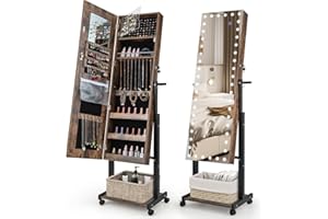 GOFLAME Jewelry Armoire Cabinet with Wheels, Lockable Jewelry Storage Organizer with Full-Length Mirror, Interior Makeup Mirror, 3-Color LED Lights, Coat Rack, Height & Angle Adjustable, Rustic Brown