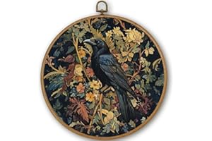 PRESSINART Crow Raven Art 10 x 10 Inch Round Framed Bird Wall Art Gothic Flower Raven Wall Framed Decor Linen Wall Hanging Ca