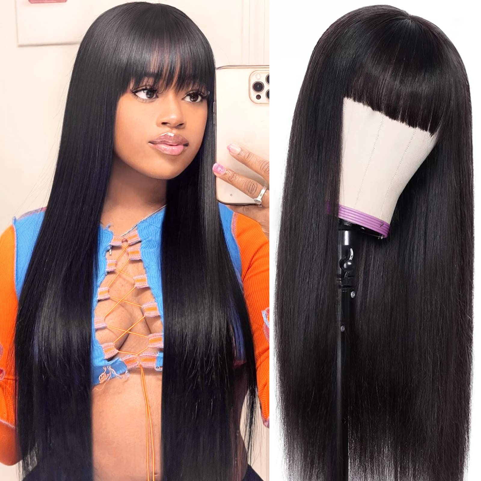 Photo 1 of Silky Brazilian Virgin Straight Human Hair Wigs with Bangs 150% Density None Lace Front Wigs Glueless Machine Made Wigs for Women Natural Color