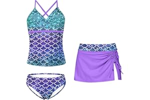 Kimoda Girls Swimsuits 3 Piece Tankini Bathing Suit Set Bikini Swimwear with Cover Ups Beach Skirt 6-12 Years