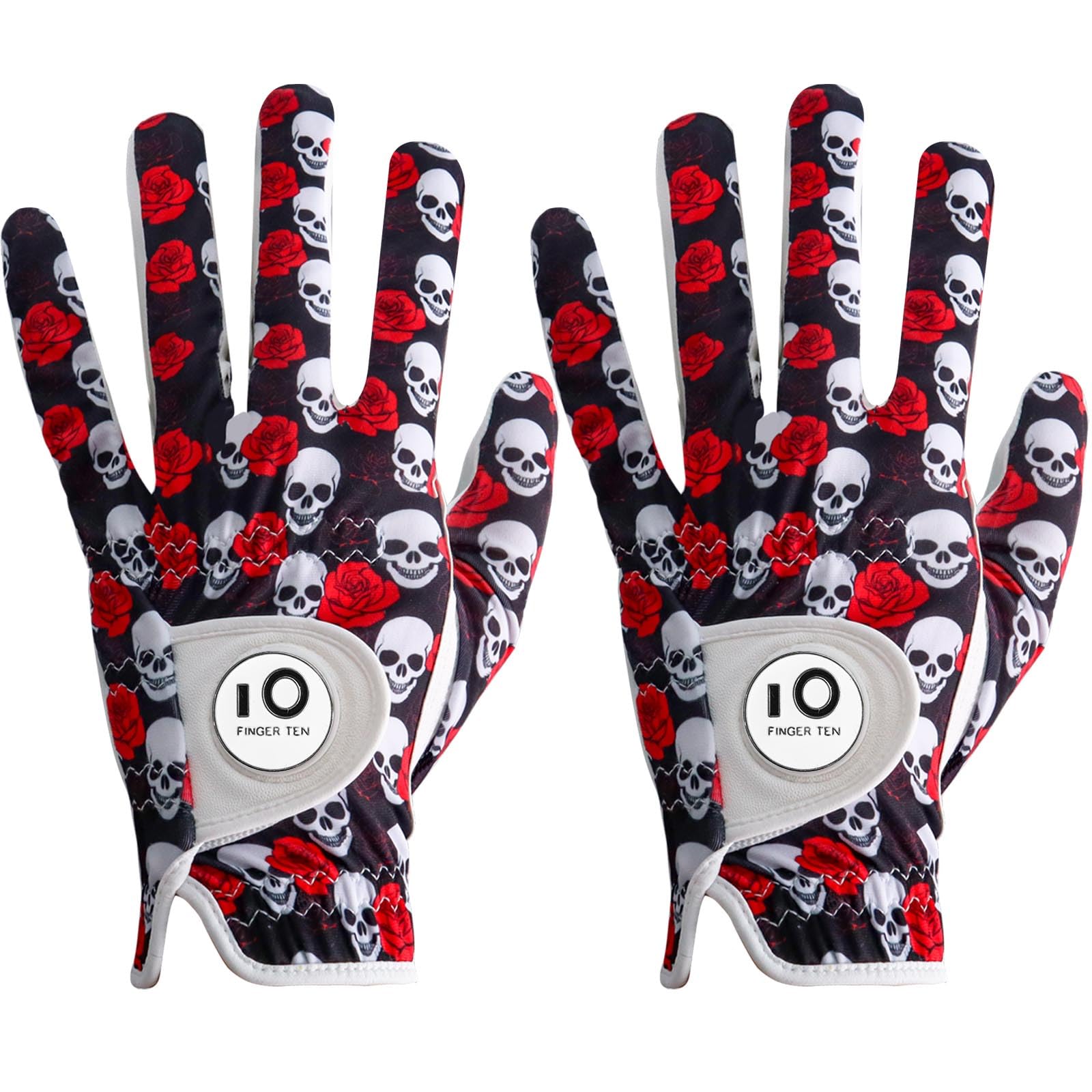 FINGER TEN Golf Gloves Men Left Hand Right Leather With Ball Marker Printed Grip 2 Pack, Mens Golf Glove All Weather Weathersof (Large, Worn on Left Hand- Red)… — image 1