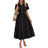 BerryGo Womens Summer Denim Shirt Dress Casual Belted Short Sleeve Button Down Flowy Midi Jeans Dresses with Pockets