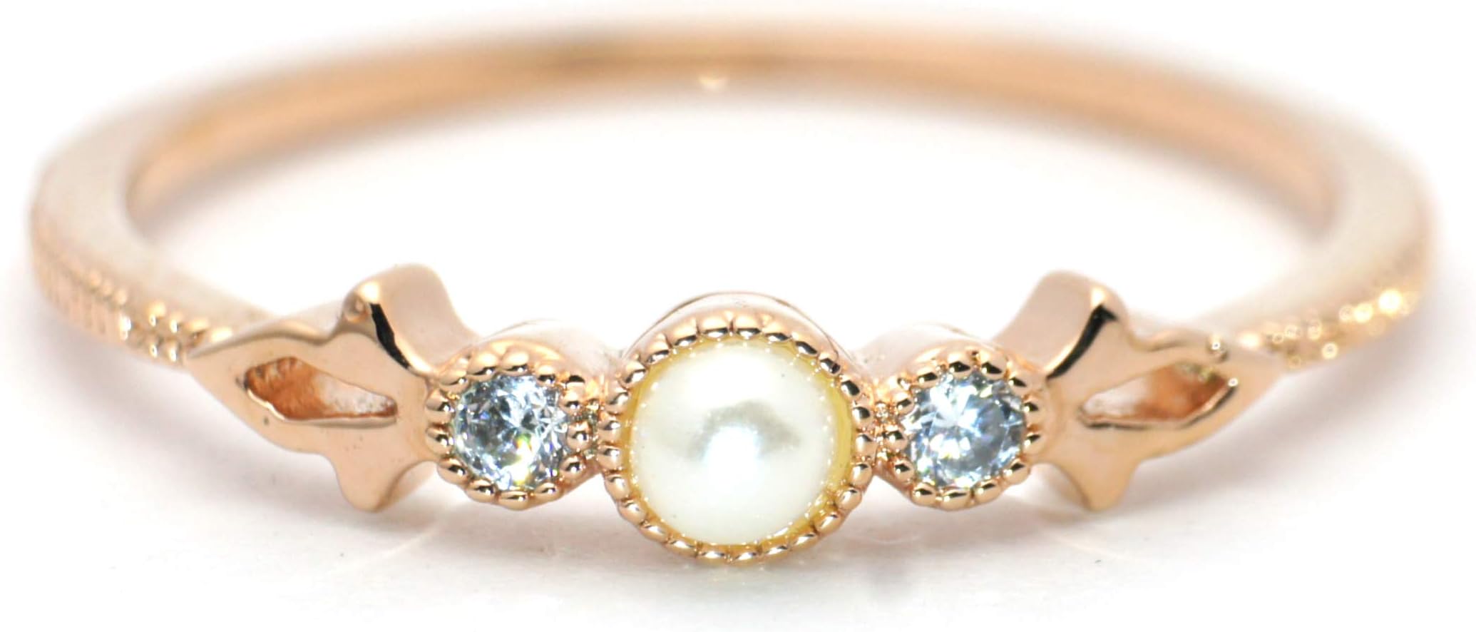 Excelsia 'Fleur de Lis' 14K Gold-Plated (Rose/White/Yellow) Dainty CZ Ring with Simulated Pearl