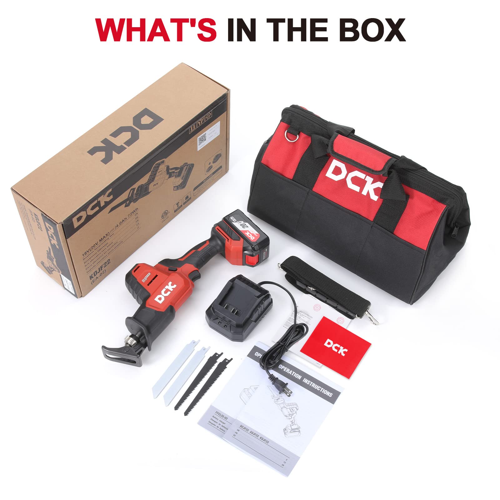DCK Brushless Reciprocating Saw, 20V MAX Cordless Reciprocating Saw, 0-3000 SPM Variable Speeds, with 4.0Ah Battery & 2A Charger, LED Light, One Hand Saw Kit, 4 Blades Saw for Wood/Metal/PVC