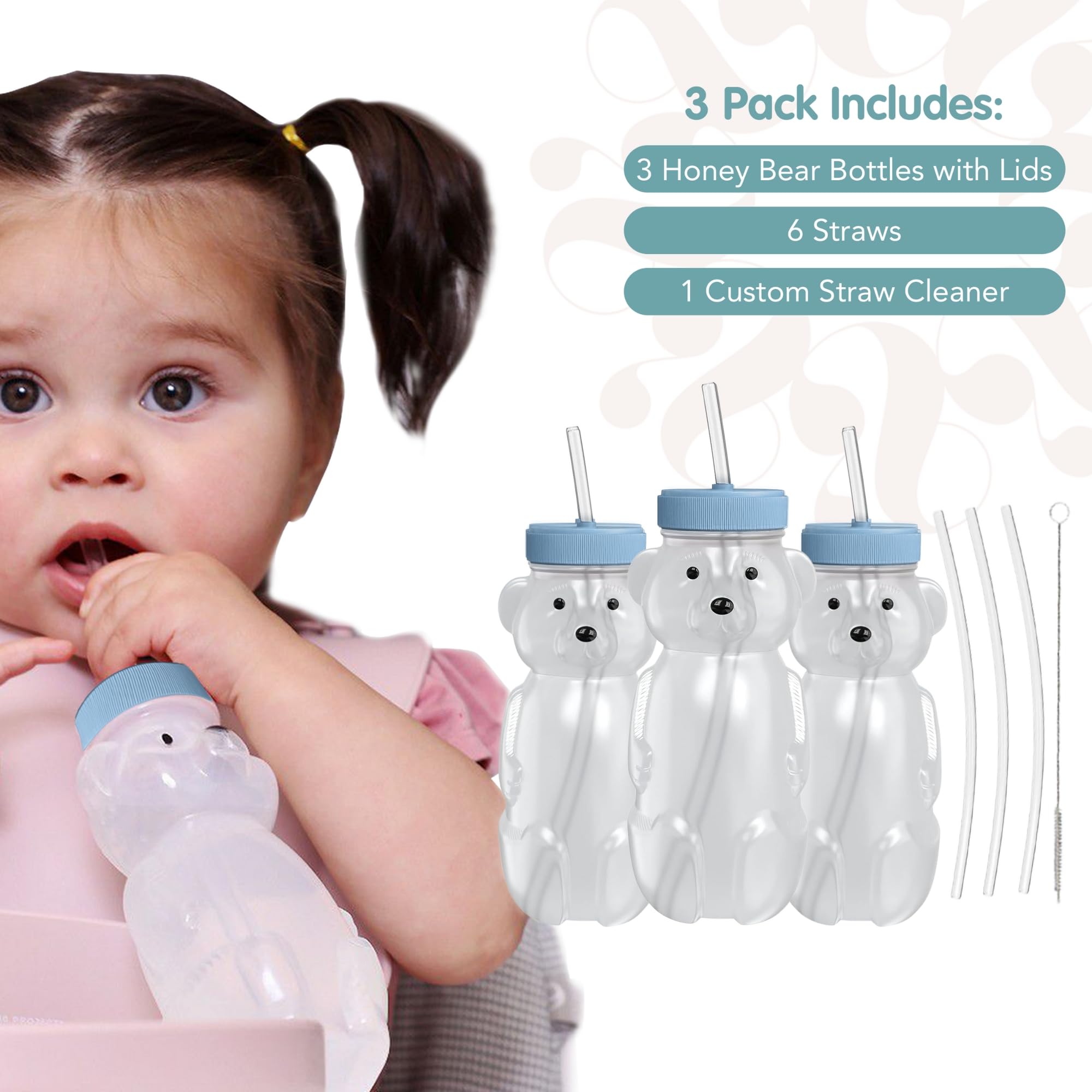 Honey Bear Straw Cup for Babies, 8-oz Honey Bear Cup with Lid, 3-Pack Therapy Learning Honeybear Straw, Baby Bottle Set, Blueberry Pie BLUE