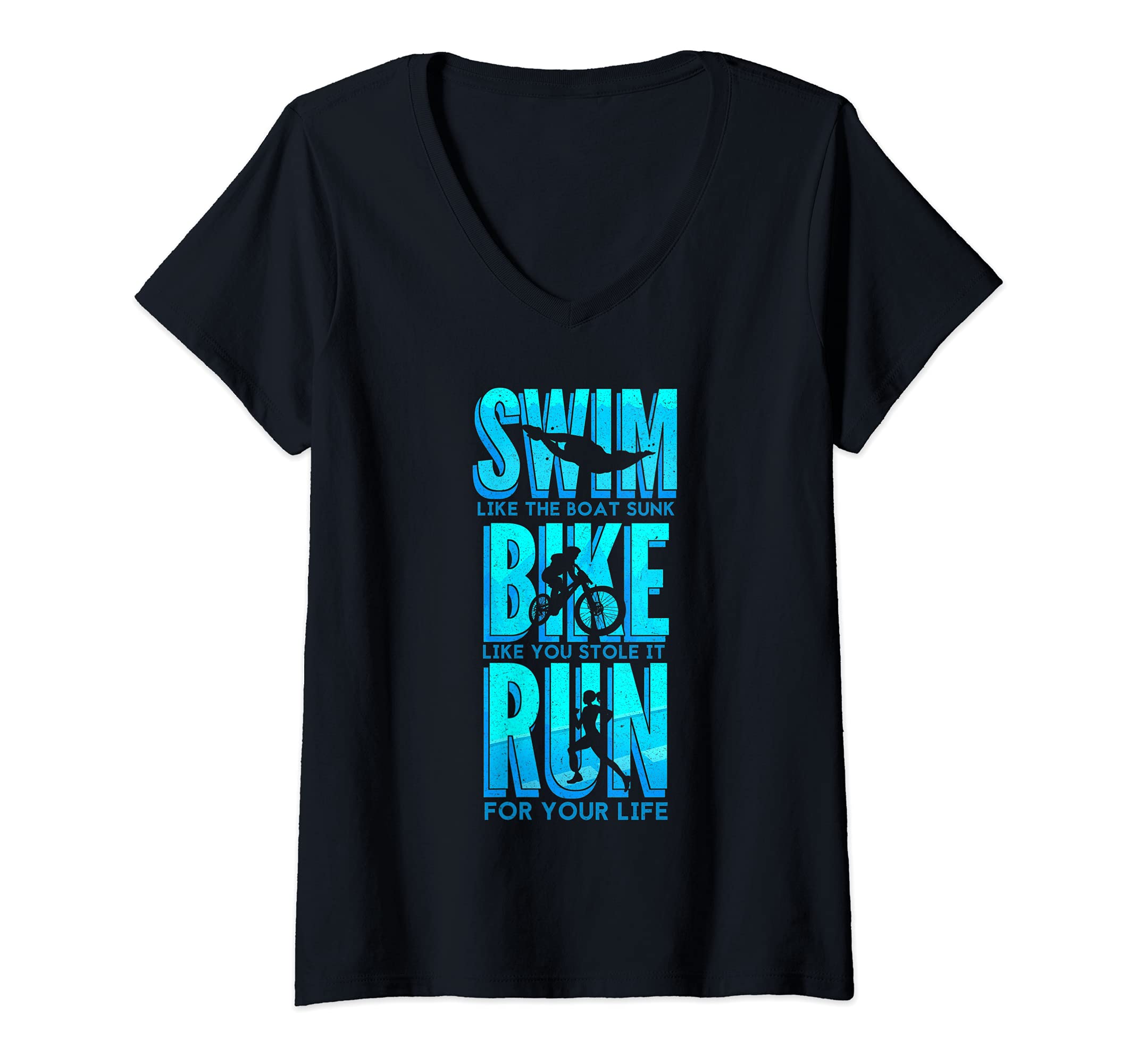 Womens Swim Bike Run Triathlon Athlete Sports Contest Race Fitness V-Neck T-Shirt