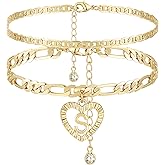 YANODA Initial Ankle Bracelets for Women 14K Gold Plated Layered Figaro Chain Letter Initial Anklets Handmade Layered Heart Ankle Bracelets Personalized Jewelry for Women