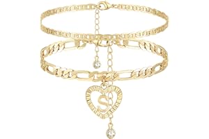 YANODA Initial Ankle Bracelets for Women 14K Gold Plated Layered Figaro Chain Letter Initial Anklets Handmade Layered Heart Ankle Bracelets Personalized Jewelry for Women