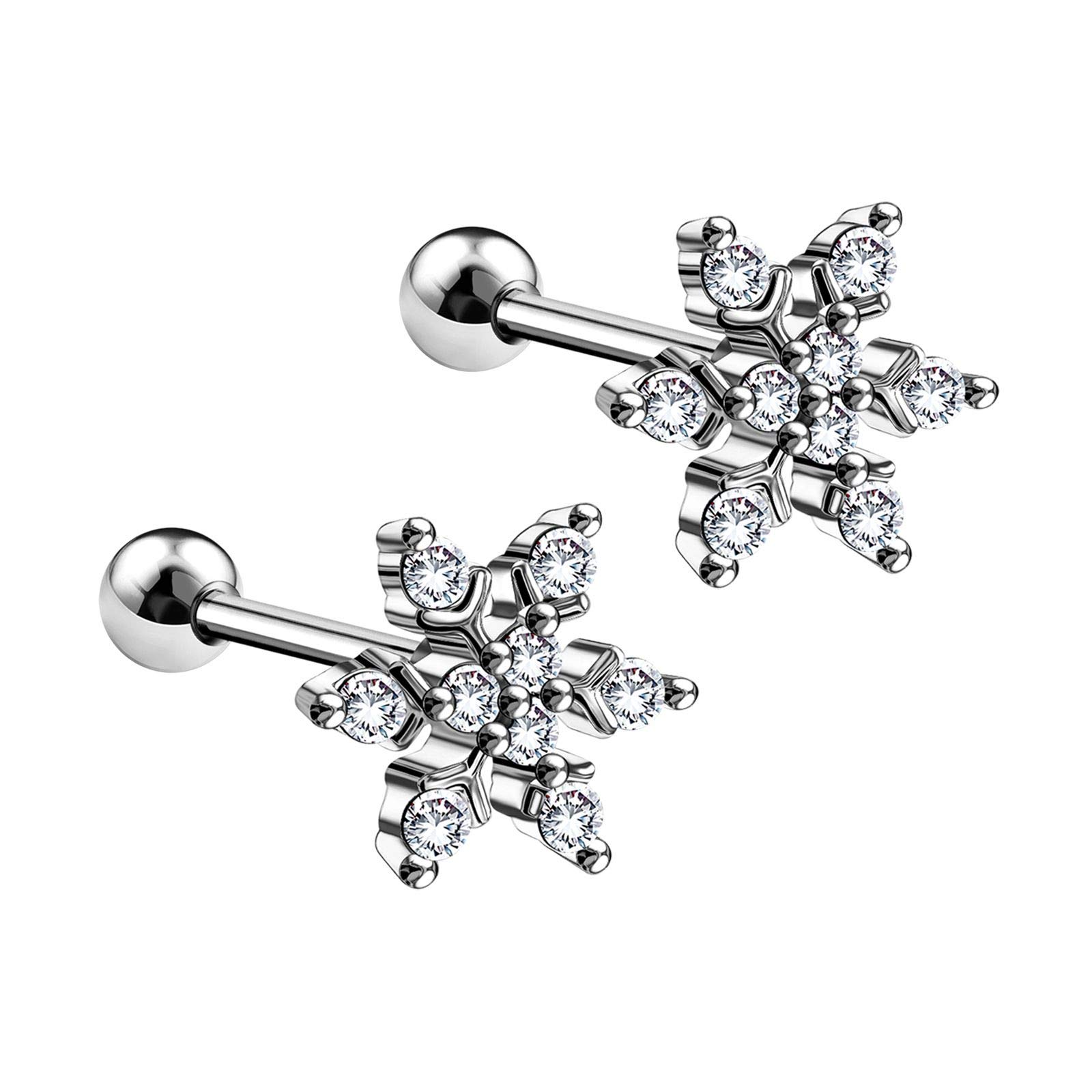 BanaVega 2PCS Surgical Steel Crystal Snowflake Clear Crystal Stud 16g 1/4 6mm Tragus Cartilage Helix Earrings Piercing Jewellery 5711 — image 1