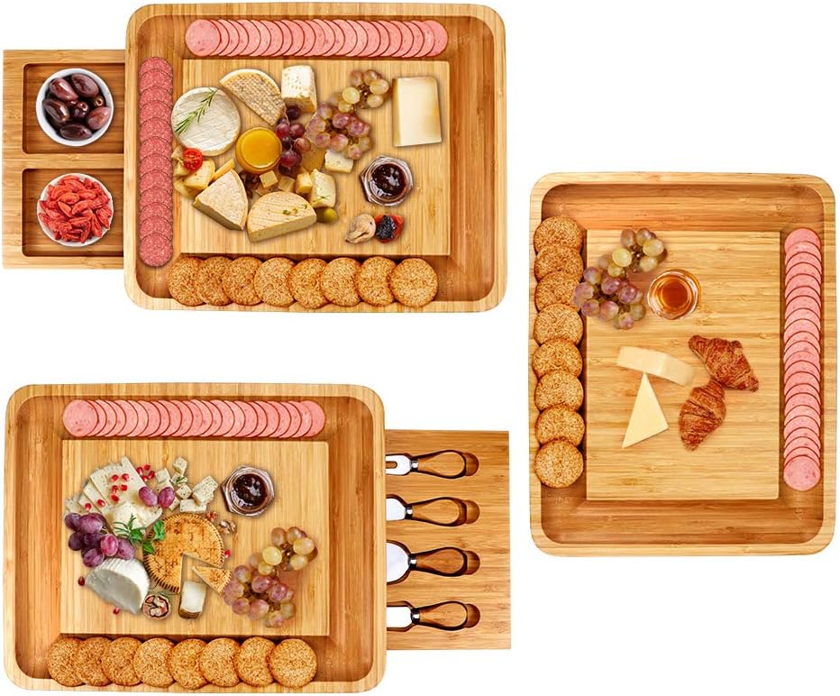 Bamboo Cheese Board and Knife Set, Cheese Servers with Hidden Drawer - Image 4