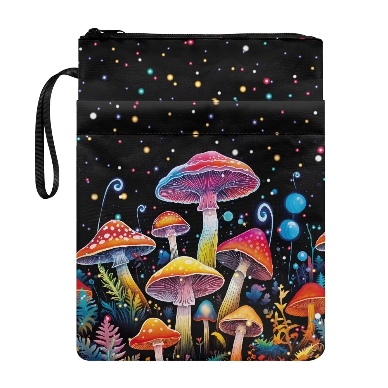 chaqlin Fantastic Mushroom Book Sleeve Cover for Paperback,Mushroom Printed Book Pouches for Readers Washable Carrier Book Cover Bags Girls Book Protector with Zipper Pocket