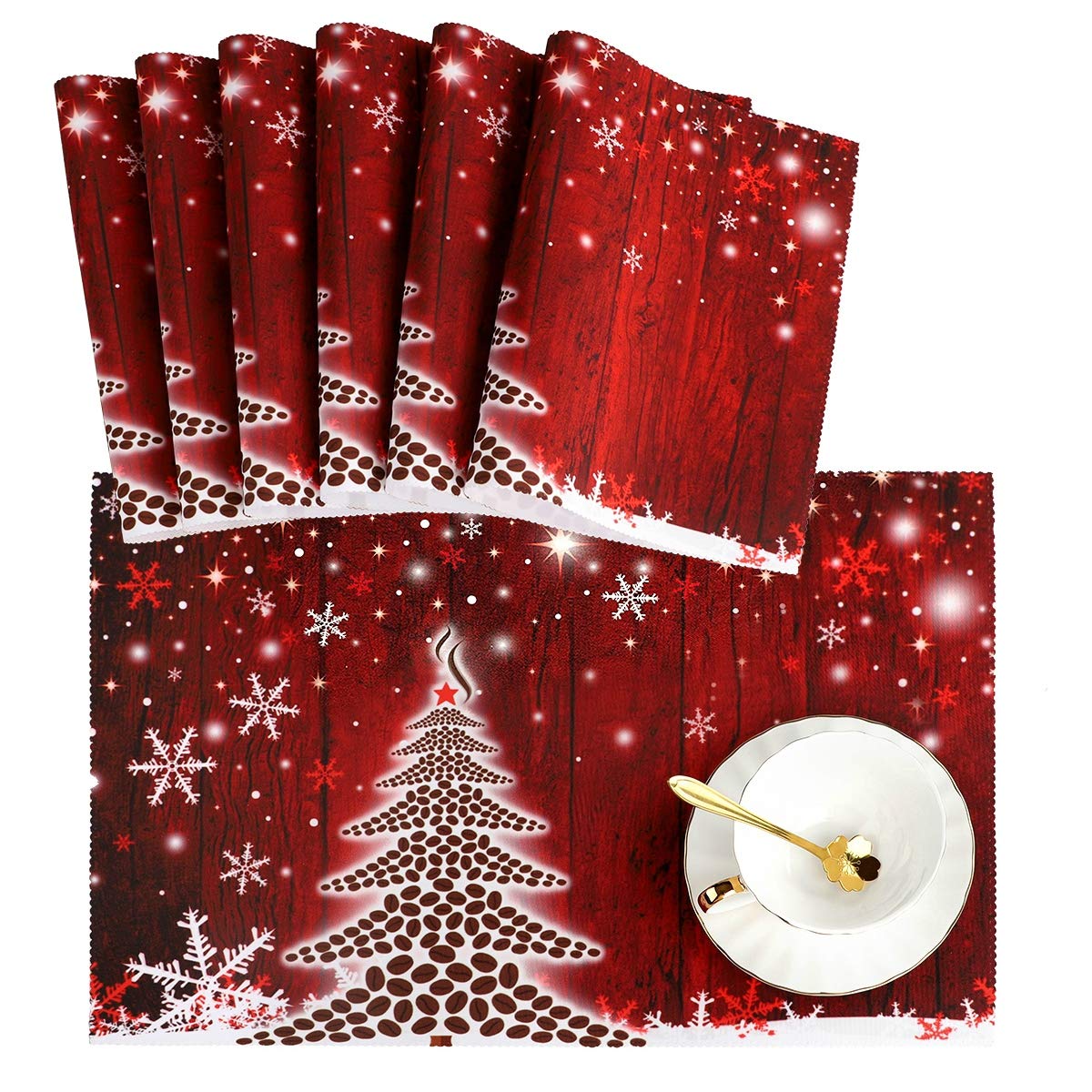 Naanle Winter Holiday Placemat Set of 6, Christmas Tree with Snowflake Heat-Resistant Washable Table Place Mats for Kitchen Dining Table Decoration