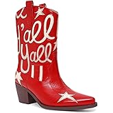HOCHFART Metallic Cowboy Boots for Women Mid Calf Low Heel Pointed Toe Womens Cowgirl Boots Fashion Embroidery Western Pull On Boots
