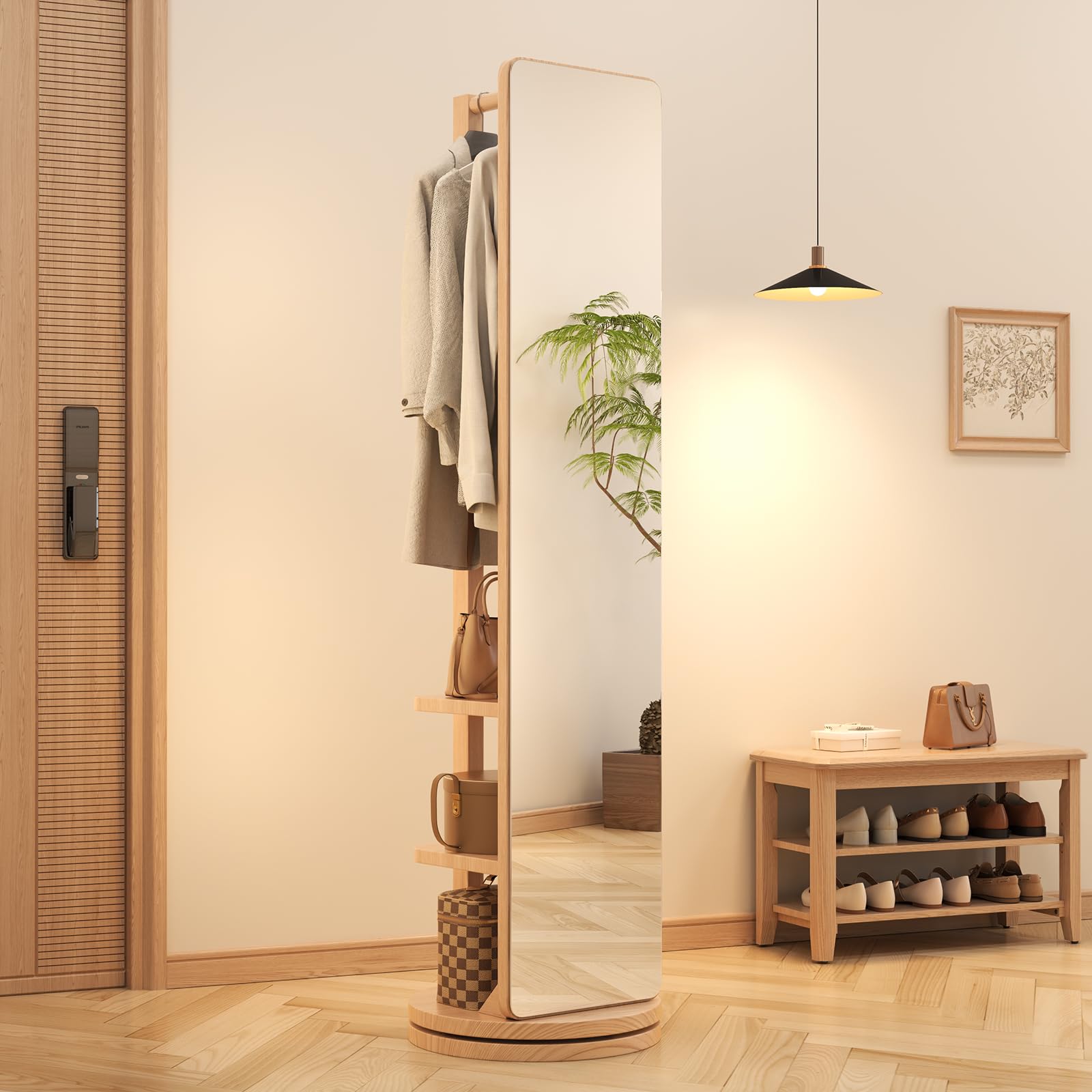 Photo 1 of AnywaysWood Full Length Mirror with Stand,Mirror Coat Rack,65.7 ''×15.8 ''Floor Mirror for Bedroom, Living Room, Dressing Room(Natural)