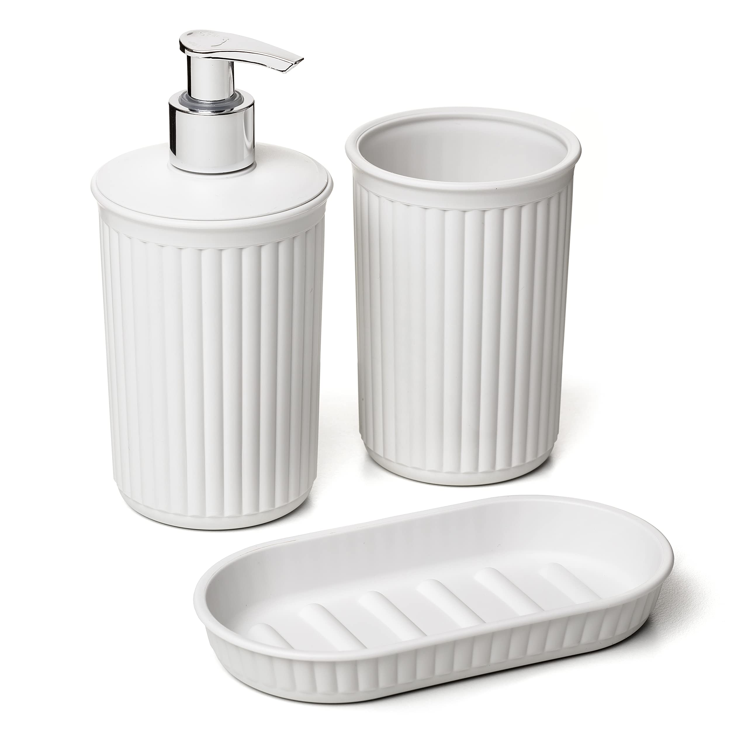 Tatay Baobab Set of 3 Bathroom Table Top (Cup + Dispenser + Soap Dish), Plastic, BPA Free, Pergamon White