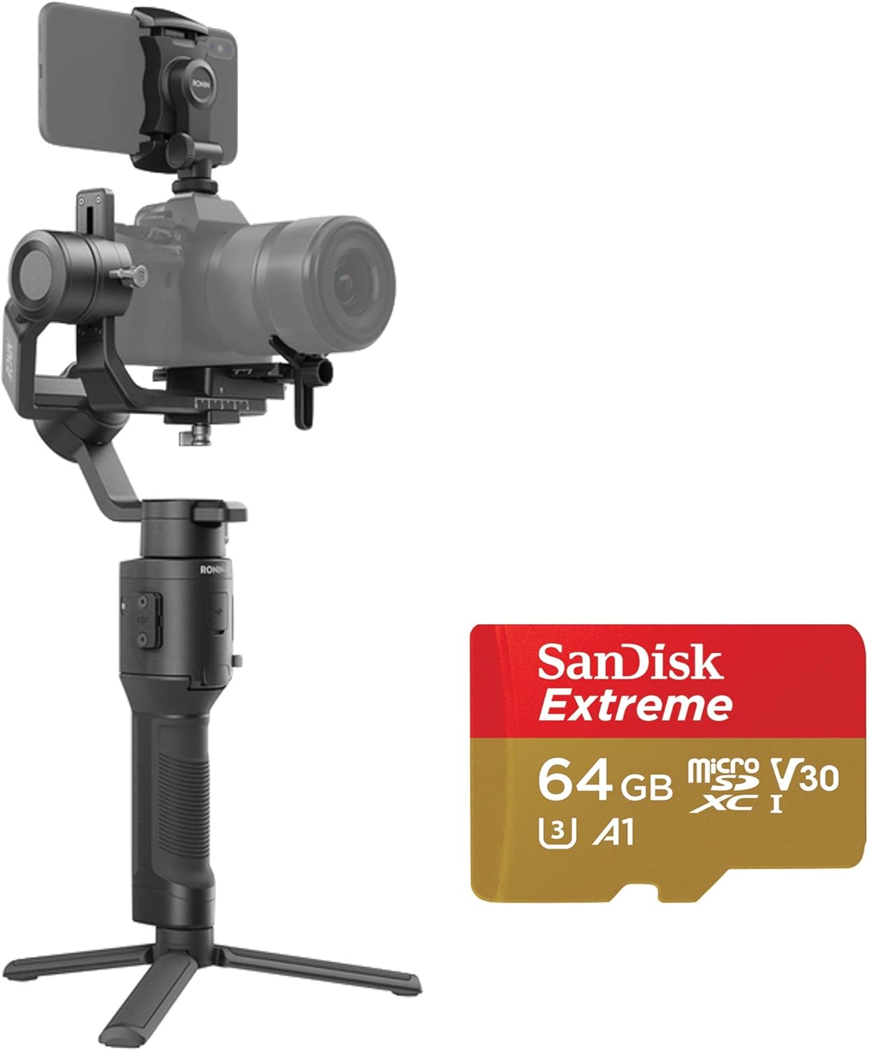 2019 DJI Ronin-SC 3-Axis Gimbal Stabilizer for Mirrorless Cameras, Comes 64GB Micro SD, Tripod, Phone Holder, Carrying Case and Cleaning Kit, Up to 4.4lb Payload, 1 Year Limited Warranty : Camera & Photo